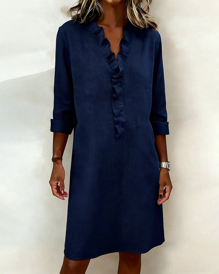 Women's Linen Dress Casual V Neck Tunic Shift Long Sleeve Shirt