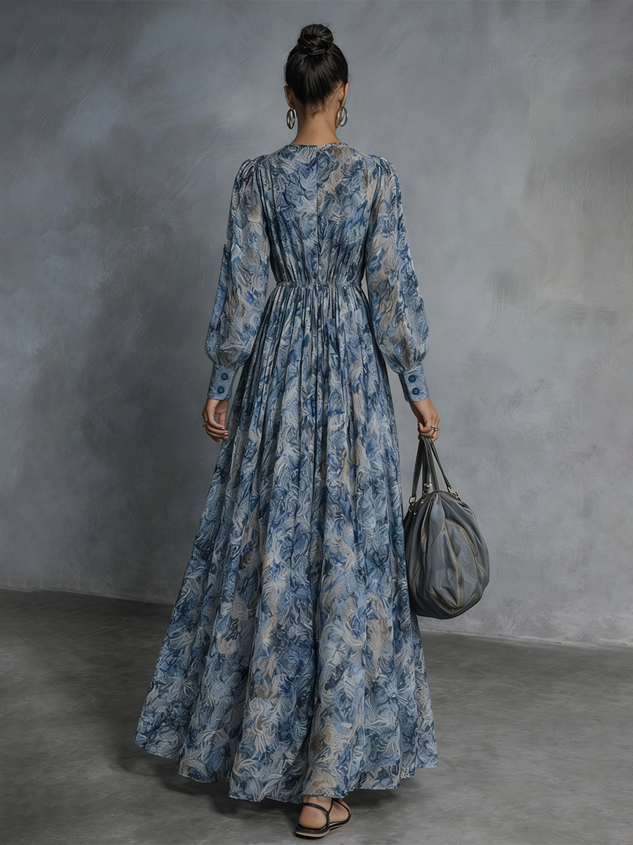 Women's Chiffon Boho Floral V-Neck Long Sleeve Maxi Dress