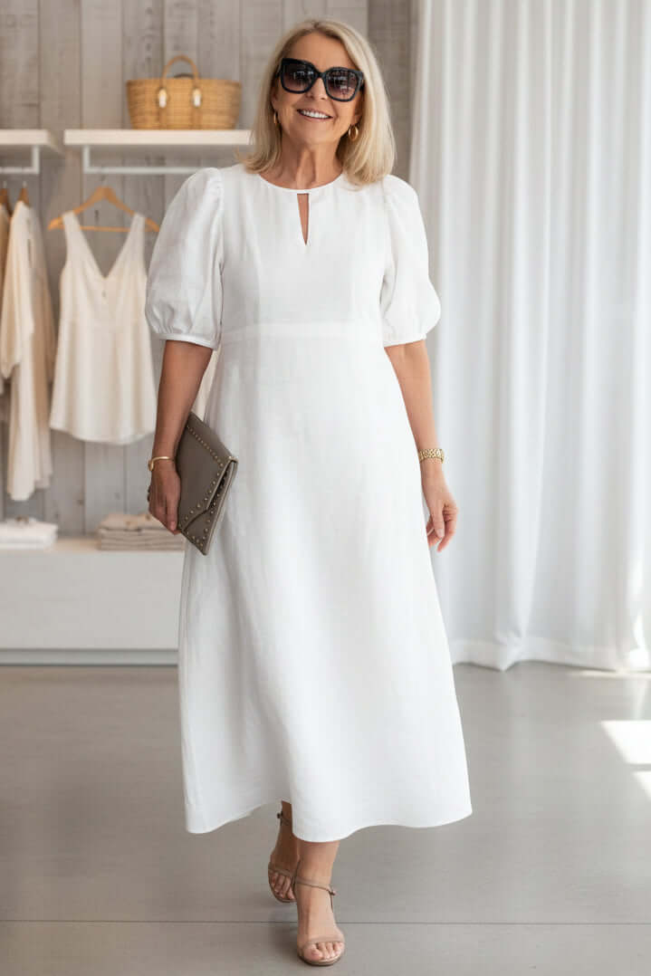 Women's Linen Blend Puff Sleeve Cutout Midi Dress