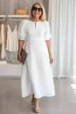 Women's Linen Blend Puff Sleeve Cutout Midi Dress