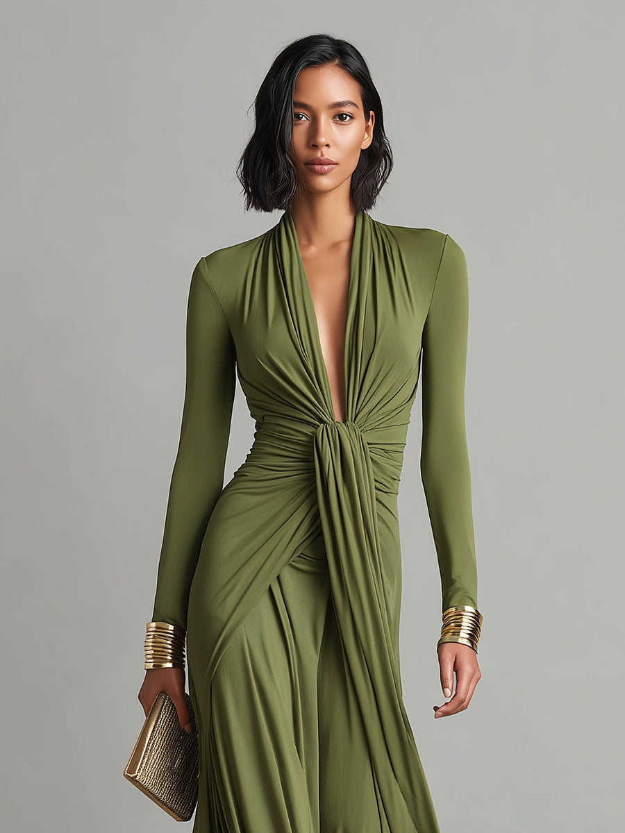 Women's Silk Stretch Long-Sleeve Deep V-Neck Ruched Maxi Dress
