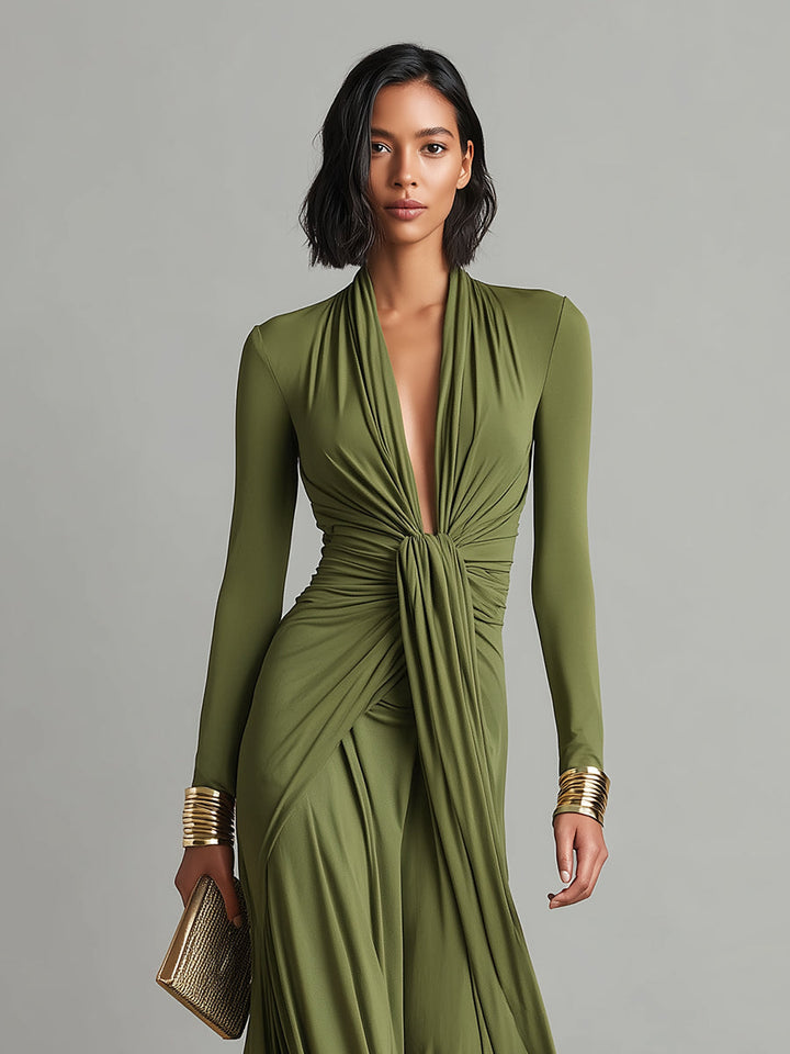 Women's Silk Stretch Long-Sleeve Deep V-Neck Ruched Maxi Dress