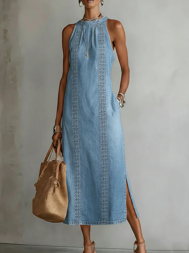 Women's Denim Halter Neck Sleeveless Casual A-Line Maxi Dress