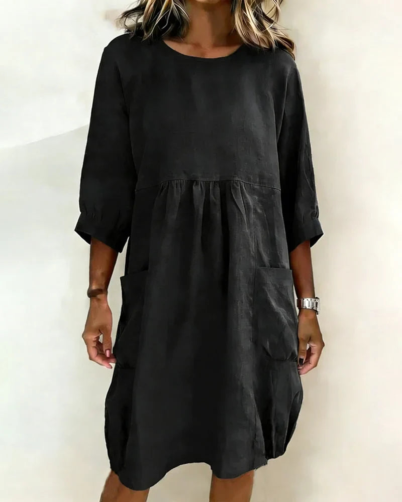 Women's Linen Crewneck Pocket Gathered Loose Dress