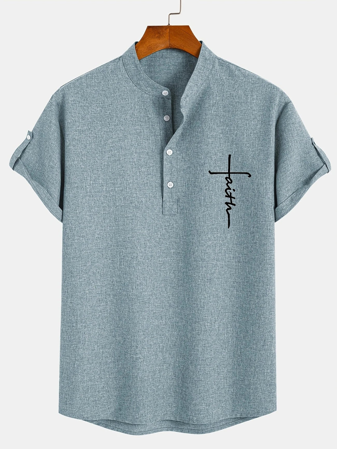 Men Henley Linen Shirt Casual Short Sleeve Cross Graphic Tee