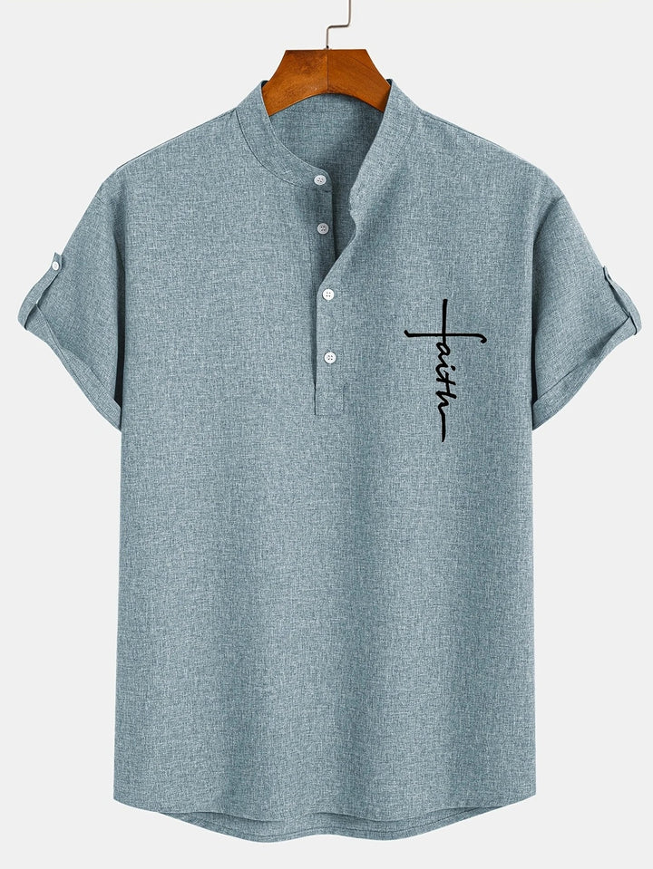 Men Henley Linen Shirt Casual Short Sleeve Cross Graphic Tee