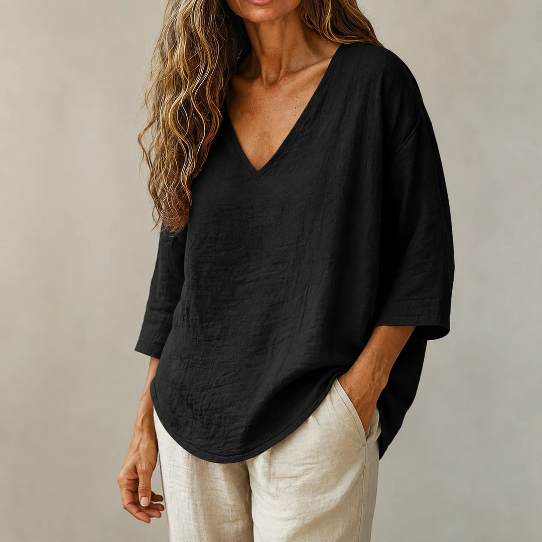 Women's Linen Oversized V-Neck T-Shirt Loose Casual Half-Sleeve Top