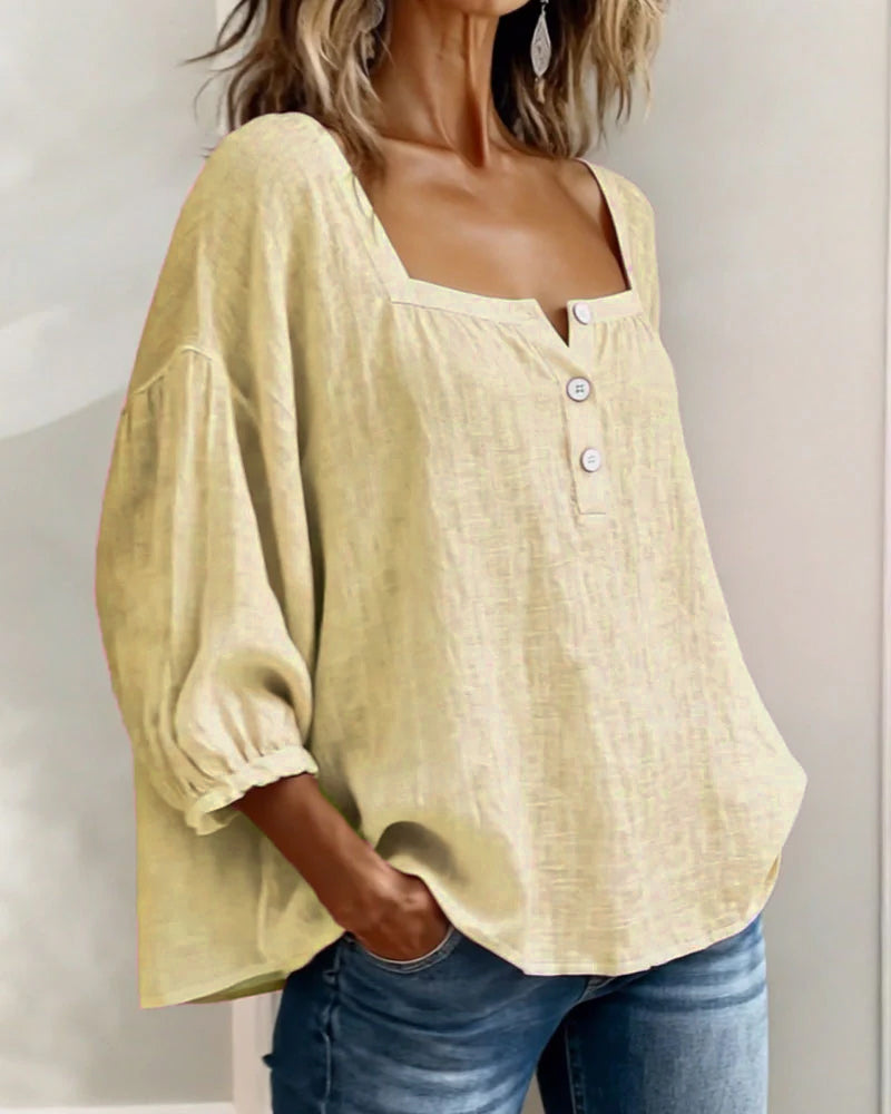Women's Linen Blouse Square Neck Long Sleeve Casual Top Shirt