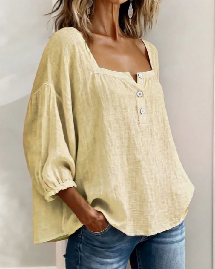 Women's Linen Blouse Square Neck Long Sleeve Casual Top Shirt