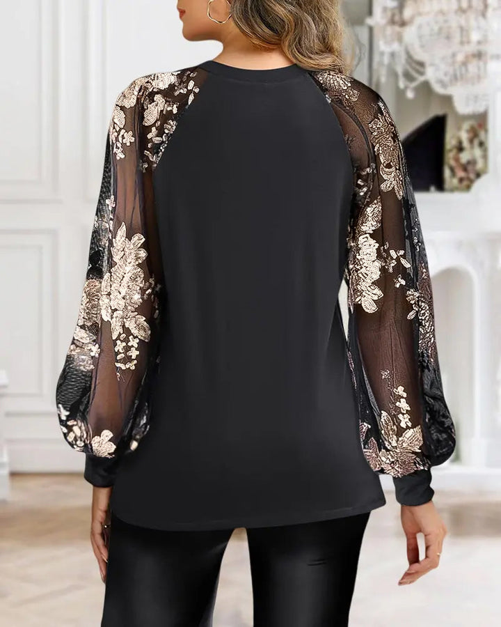 Women's Knit Mesh Long Sleeve Pleated Blouse Top