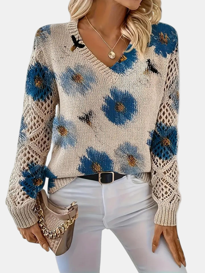 Women's Long Sleeve Knit V-Neck Floral Sweater Jumper