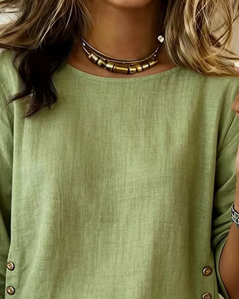 Women's Linen Round Neck Long Sleeve Blouse Top