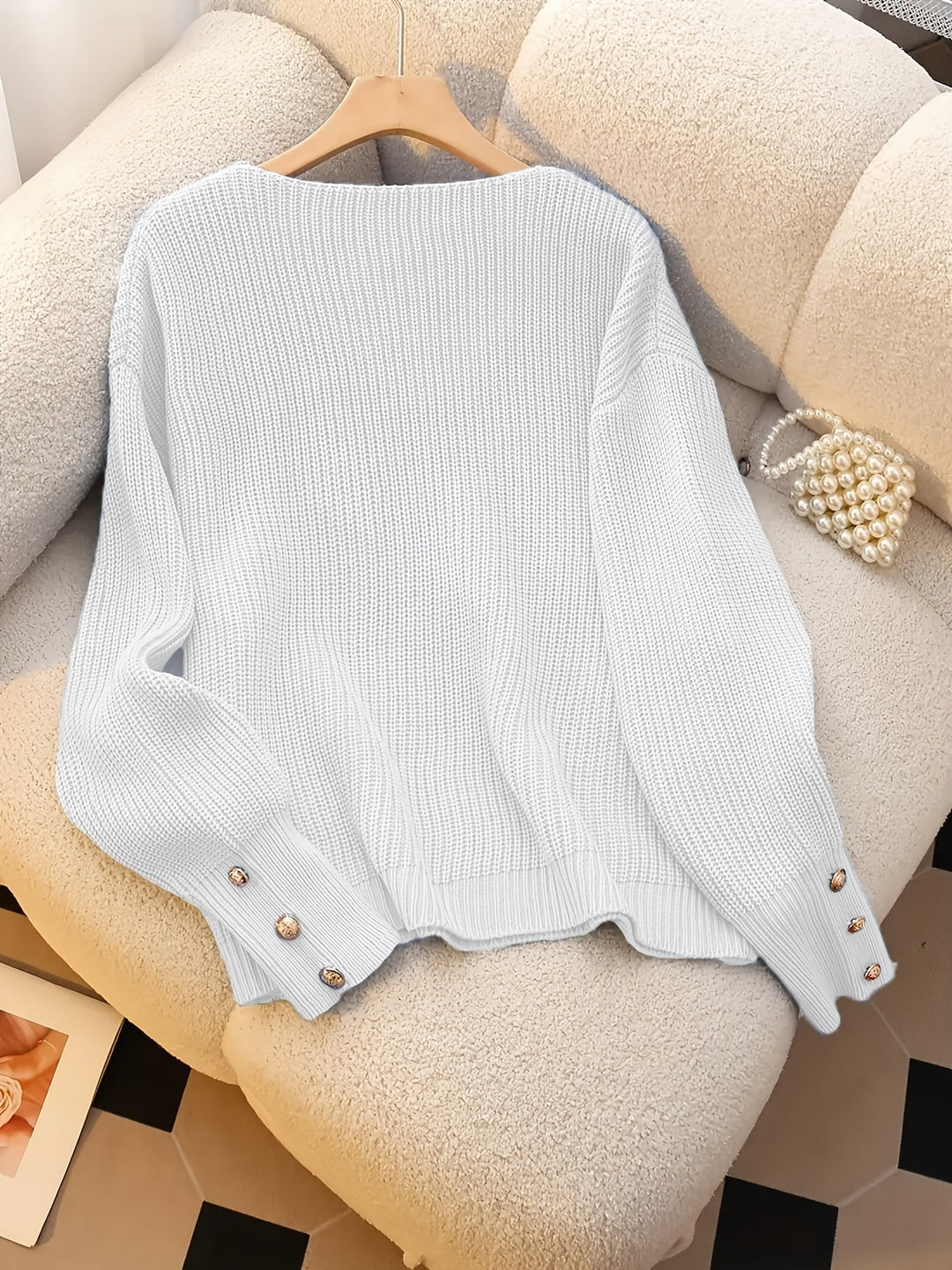 Women's Knit Ribbed V-Neck Button-Cuff Sweater