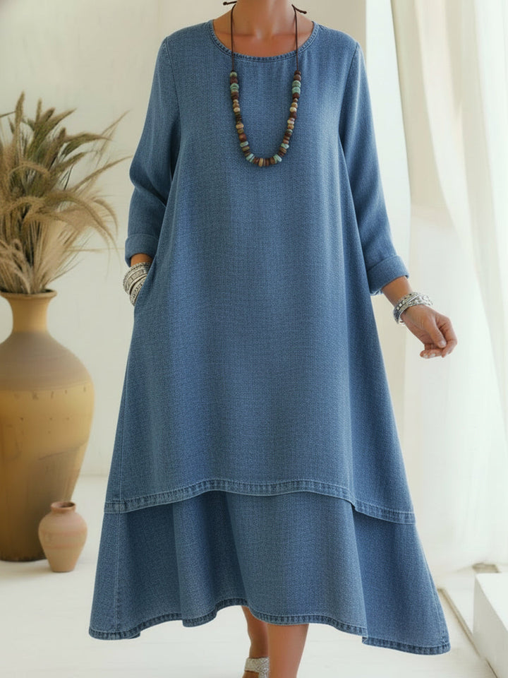 Women's Denim Layered Long Sleeve Maxi Dress