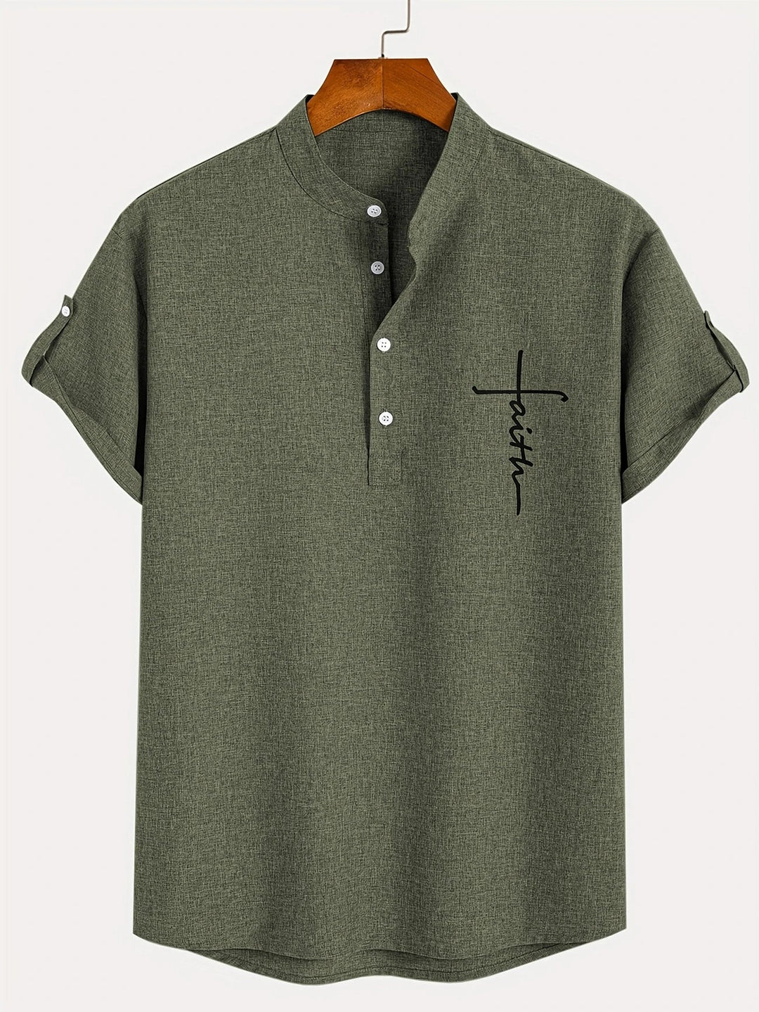 Men Henley Linen Shirt Casual Short Sleeve Cross Graphic Tee