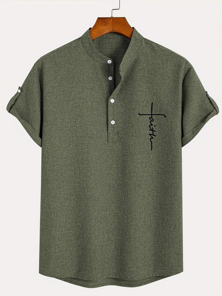 Men Henley Linen Shirt Casual Short Sleeve Cross Graphic Tee