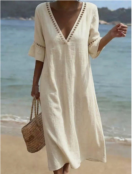 Women's Linen V Neck Beach Cover Up Kaftan Maxi Dress