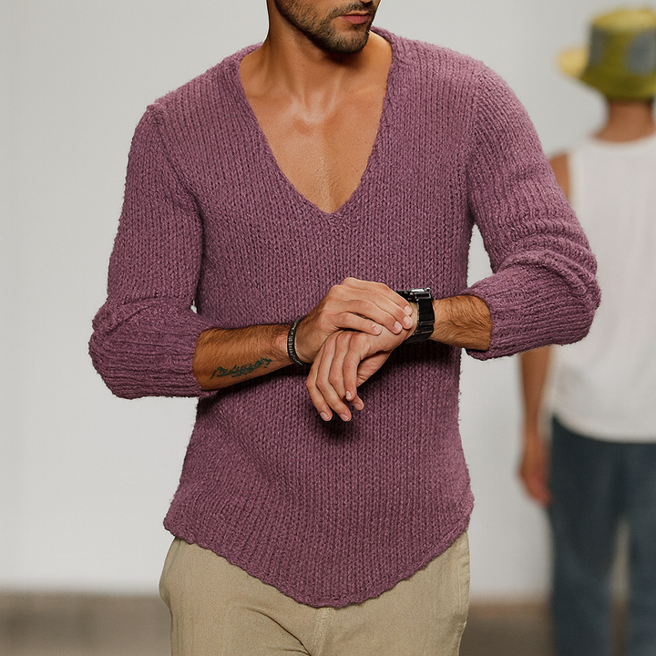 Men's Merino Wool Deep V-Neck Knit Sweater