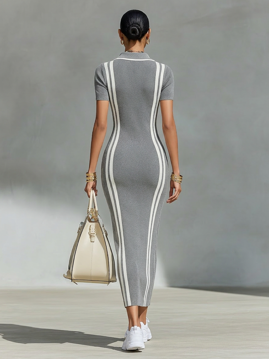 Women's Knit Ribbed Zip Polo Bodycon Maxi Dress