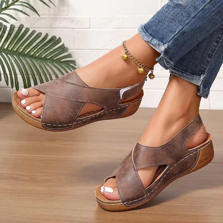 Women’s Leather Orthopedic Cross-Strap Slingback Wedges