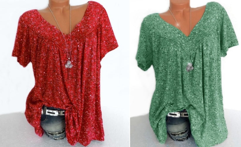 Women’s Linen Printed V-Neck Short-Sleeve Blouse