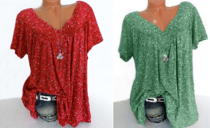 Women’s Linen Printed V-Neck Short-Sleeve Blouse