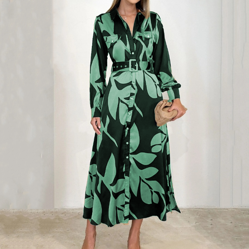 Women’s Printed Linen Button-Front Maxi Shirt Dress