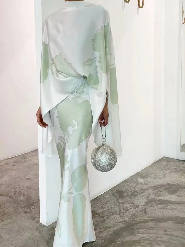 Women's Satin Two Piece Skirt Set Elegant Cape Top Maxi Outfit