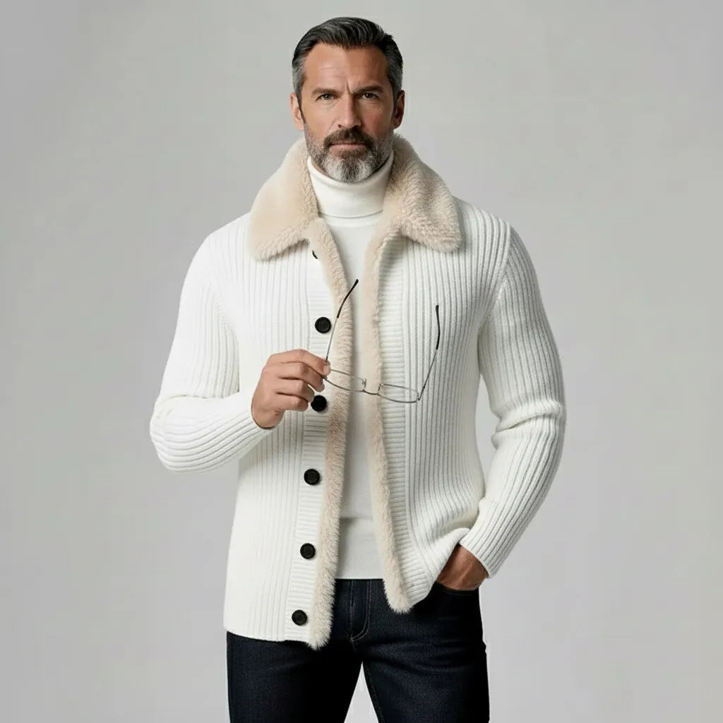 Cardigan pour homme en laine mérinos tricotée avec col en polaire
