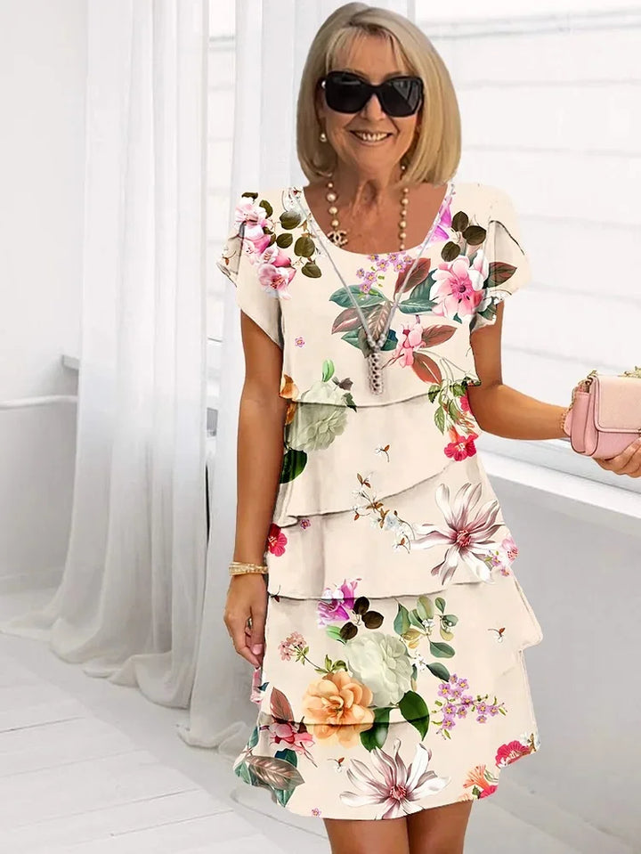 Women's Linen Blend Short-Sleeve Tiered Floral Dress