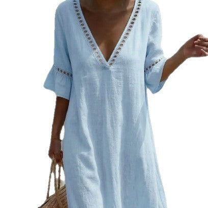 Women's Linen V Neck Beach Cover Up Kaftan Maxi Dress