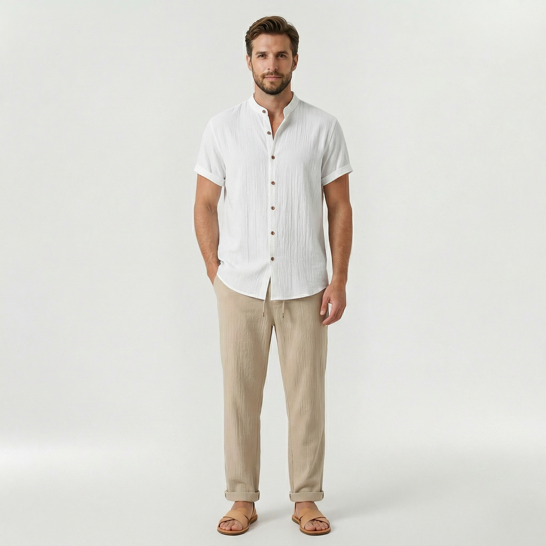 Men's Linen Casual Short Sleeve Shirt and Trousers 2 Piece Set