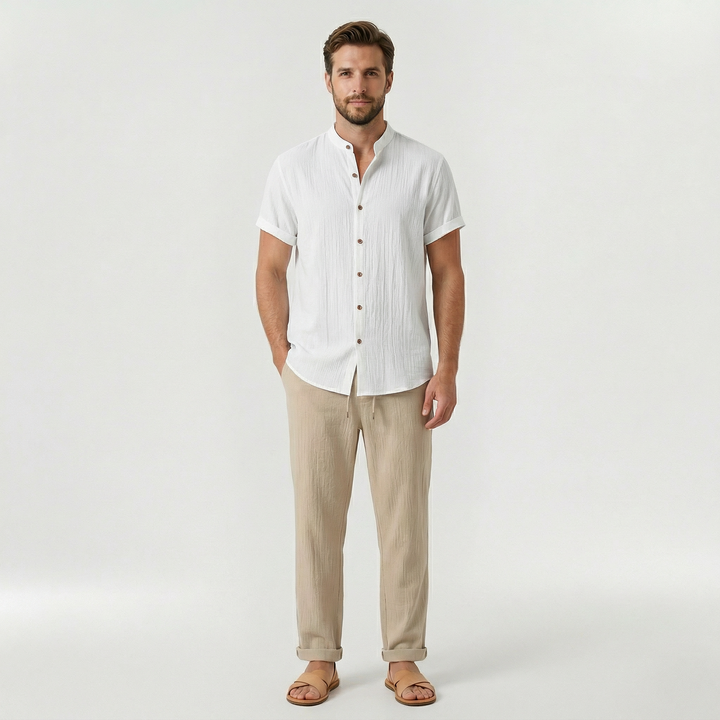Men's Linen Casual Short Sleeve Shirt and Trousers 2 Piece Set