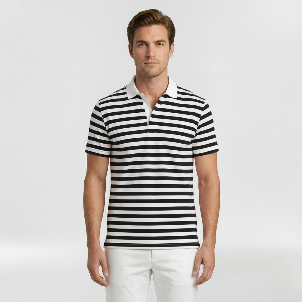Knit Polo Shirt Men's Striped Short Sleeve Merino Wool Top