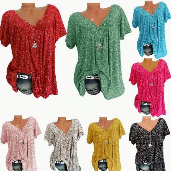 Women’s Linen Printed V-Neck Short-Sleeve Blouse