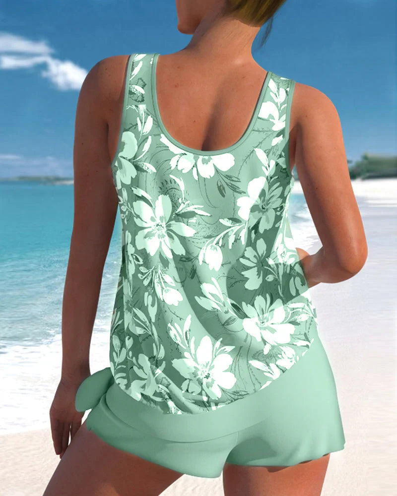 Women's Tankini Swimsuit Set Nylon Spandex Floral Swim Shorts