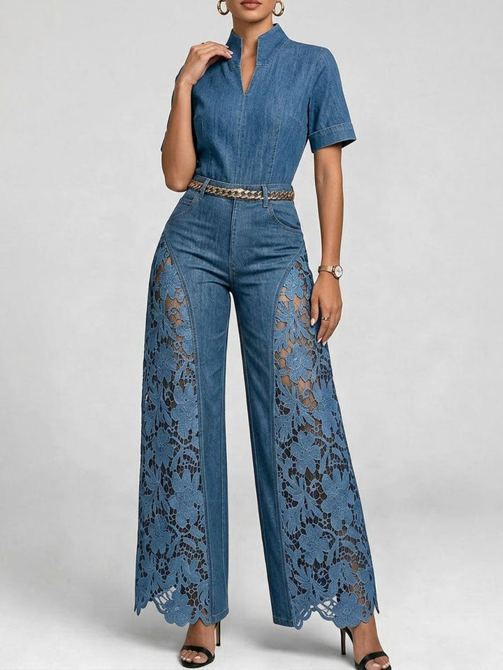 Women's Denim Wide Leg Lace Inset Jumpsuit