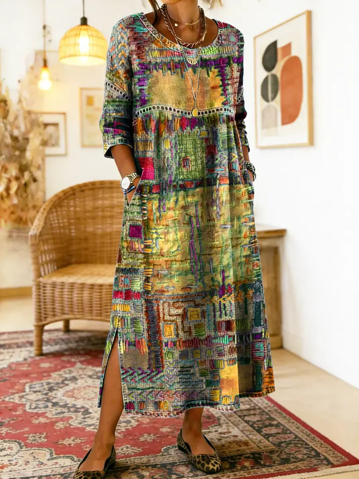 Women's Linen Blend Geometric Print Round Neck Long-Sleeve Midi Dress