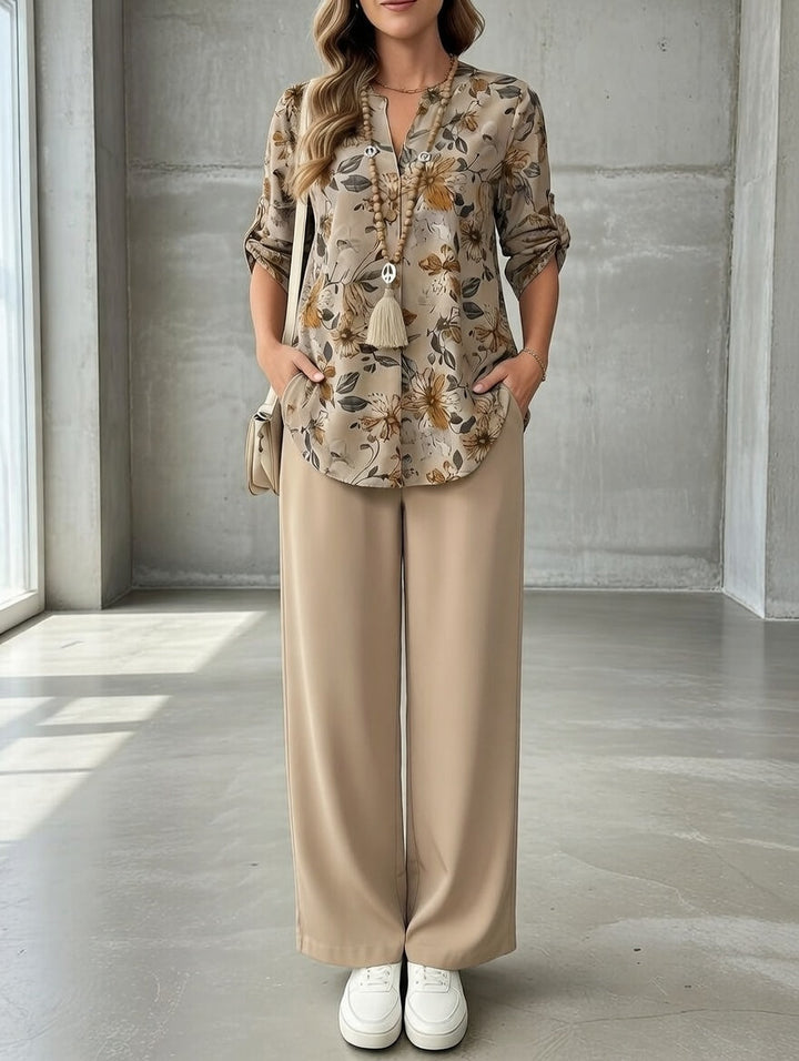 Women’s Linen Blend Floral V-Neck Blouse & Trousers Set