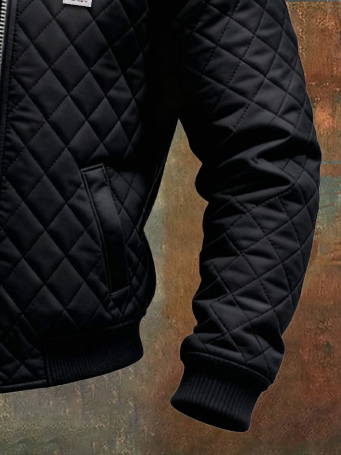 Men's Quilted Jacket Fleece Leather Bomber Coat