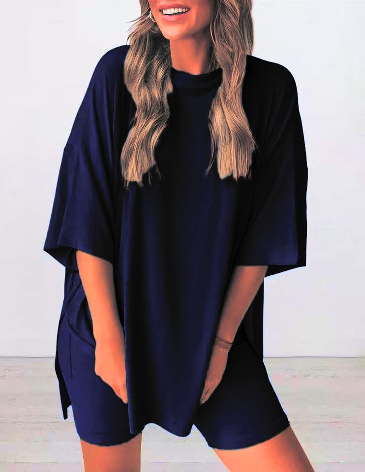 Women's Two Piece Knit Oversized T-Shirt and Shorts Co-ord