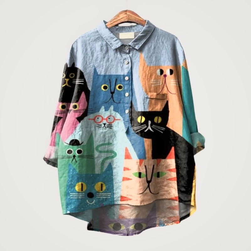 Women’s Linen Cat-Print Long Sleeve Button-Up Blouse
