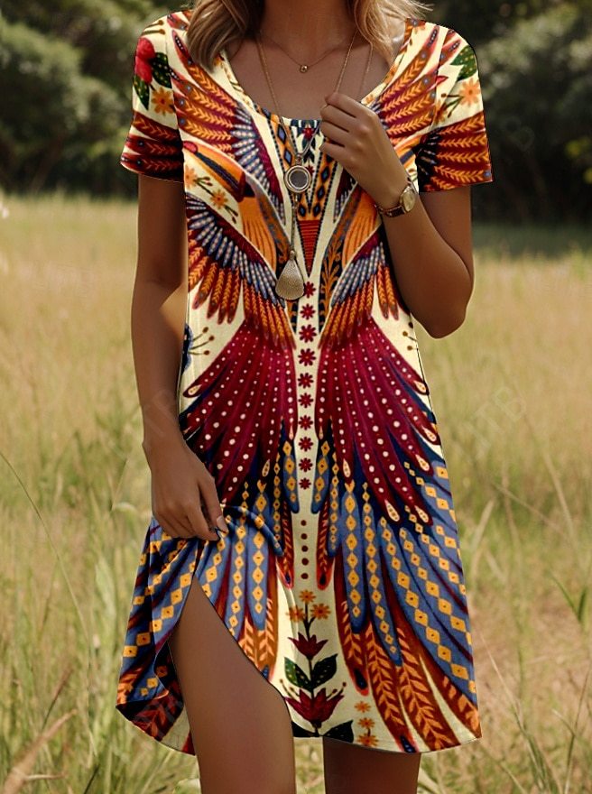 Women's Linen Blend Scoop-Neck Short-Sleeve Printed Dress
