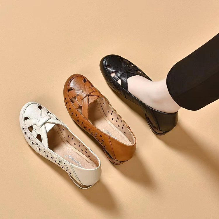 Women's Leather Loafers Block Heel Slip On Shoes