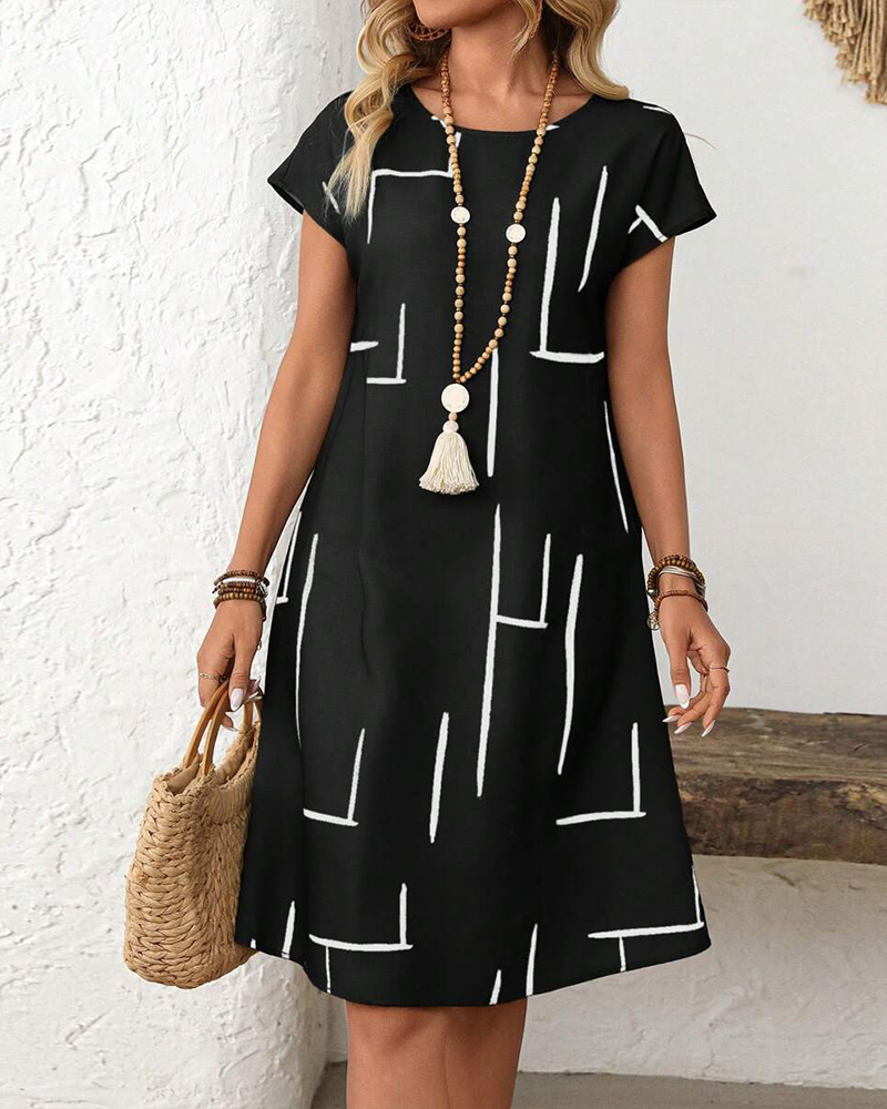 Women's Short Sleeve Linen Midi Shift Dress