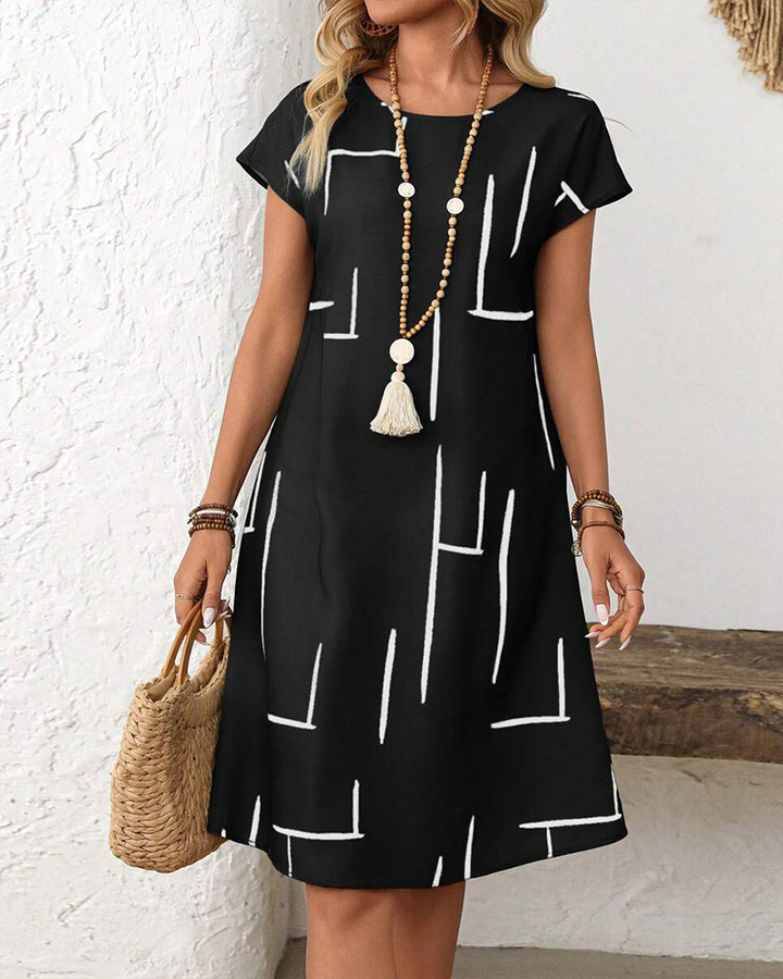 Women's Short Sleeve Linen Midi Shift Dress