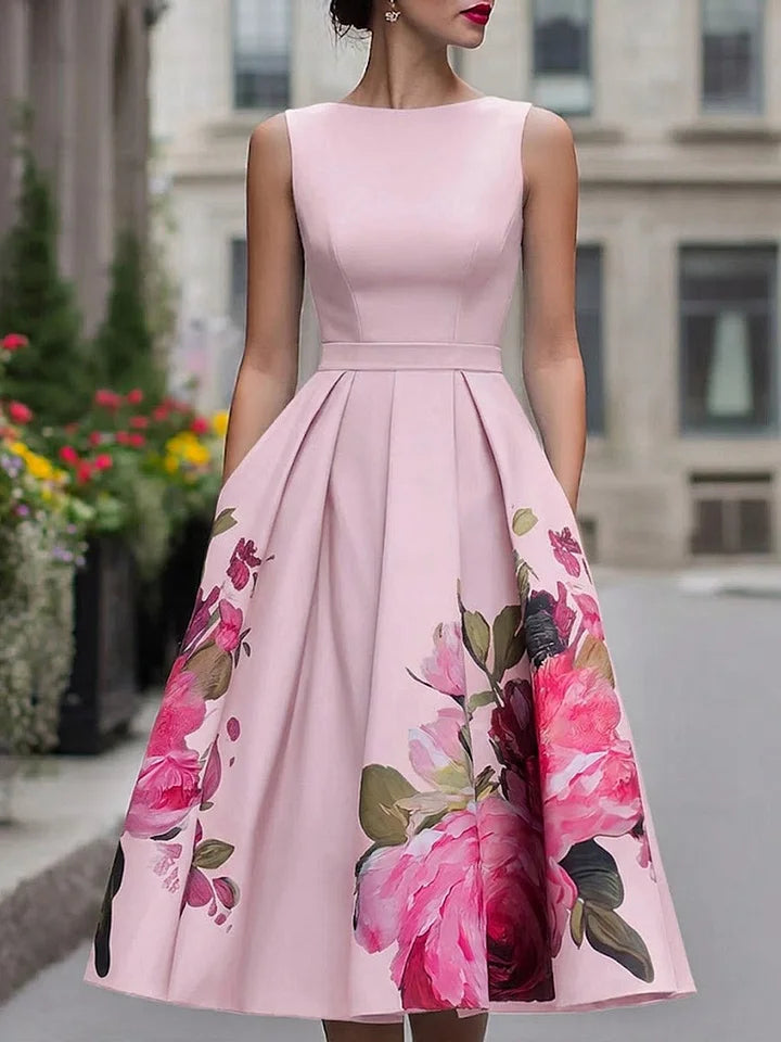 Women's Satin Floral Fit-and-Flare Midi Dress