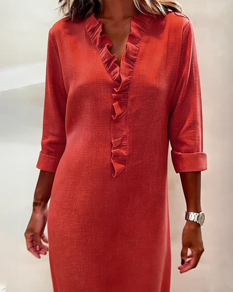 Women's Linen Dress Casual V Neck Tunic Shift Long Sleeve Shirt