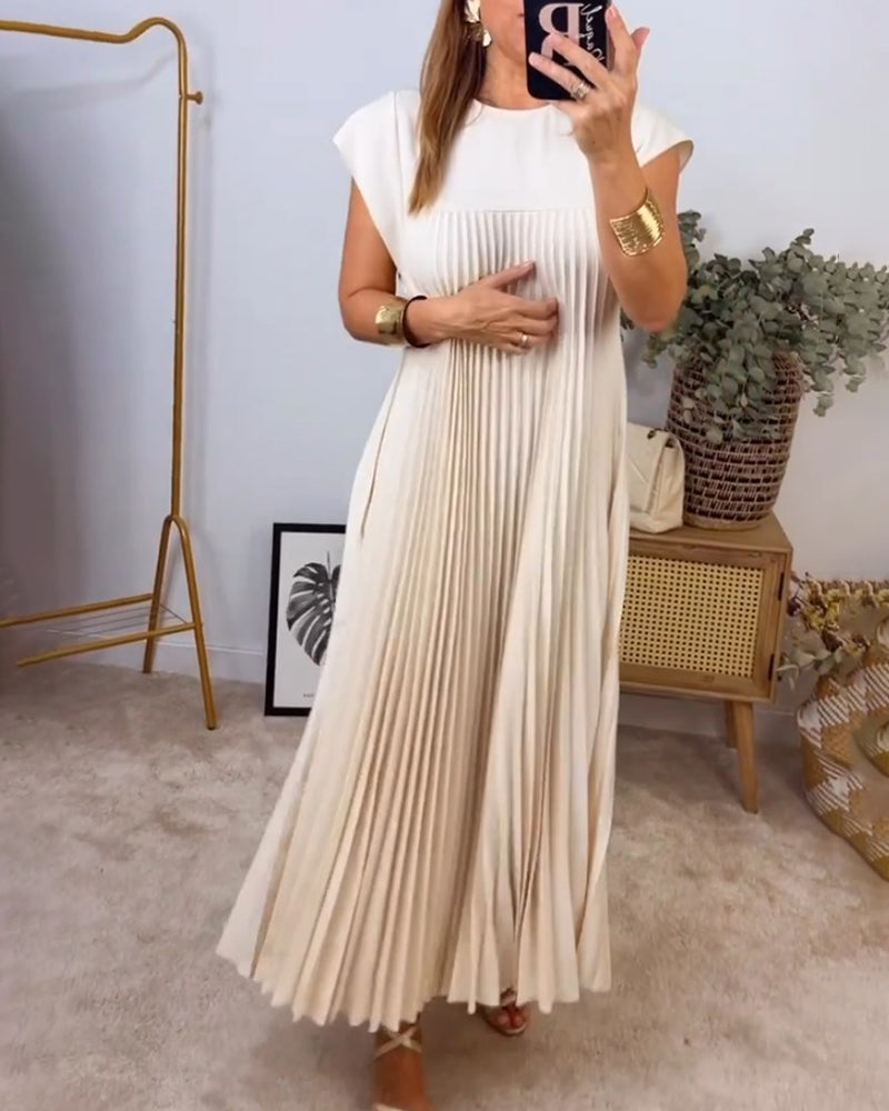 Women's Pleated Linen Maxi Dress Casual Sundress Loose Fit