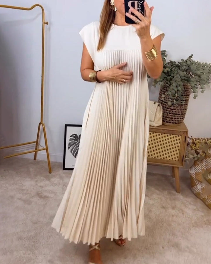Women's Pleated Linen Maxi Dress Casual Sundress Loose Fit